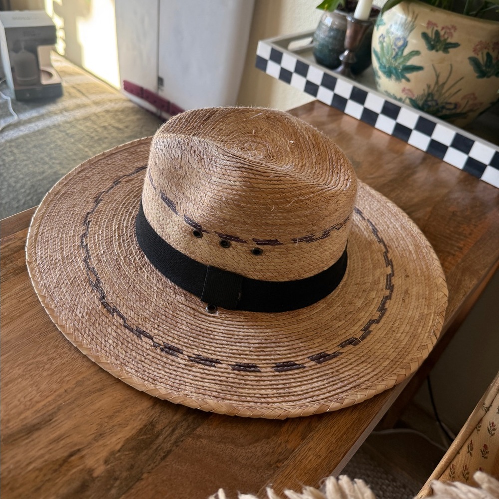 RARE stiff Wide Brim Rancher Fedora Hat Mexico hecho Sz medium sun straw